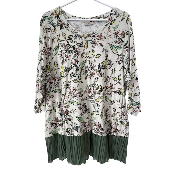 LOGO by Lori Goldstein Floral Print Pleated Hem Top Women 2X Green Boho Hippie - Picture 1 of 7